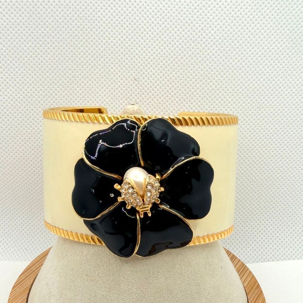 Stella & Dot Kelly Black Enamel Flower Ladybug Cuff Bracelet